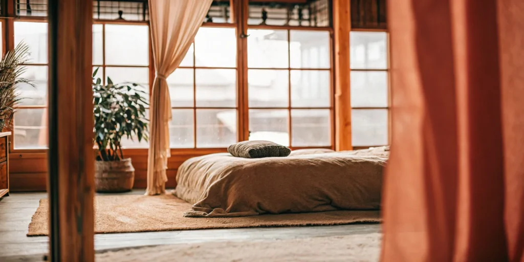 Bright, cozy bedroom addition with wood accents.