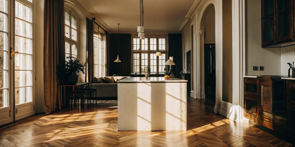 Complete house renovation: Updated kitchen with island and hardwood floors.