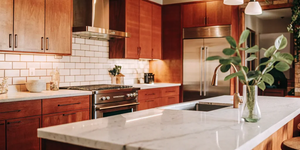 Modern Fremont kitchen remodel with wood cabinets and marble countertops.