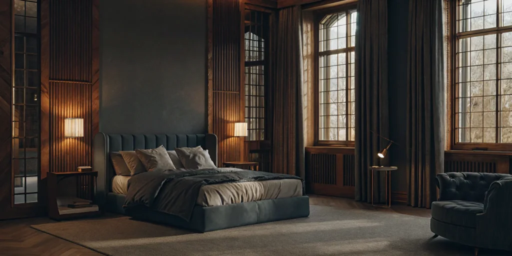 Master bedroom addition with elegant lighting and plush bedding.