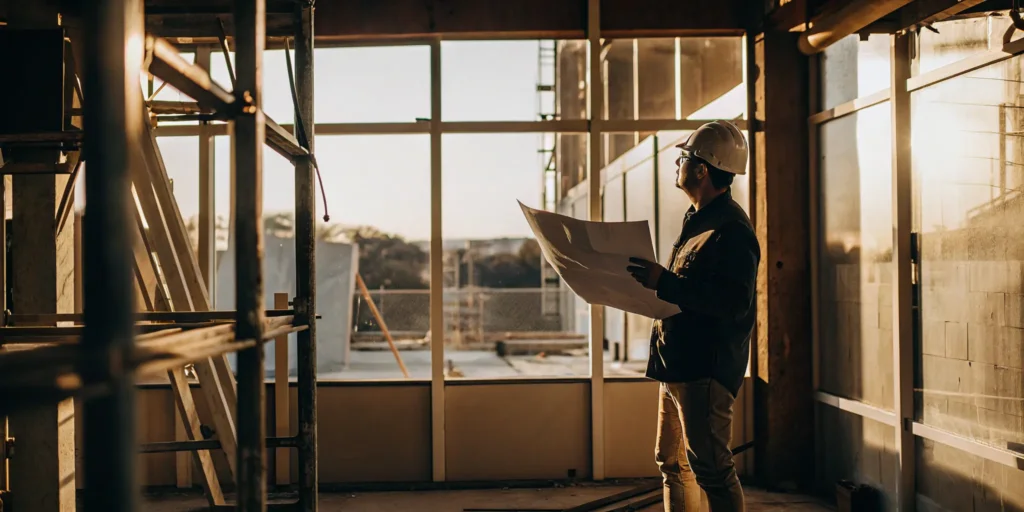 Fremont, CA general contractor reviewing blueprints.