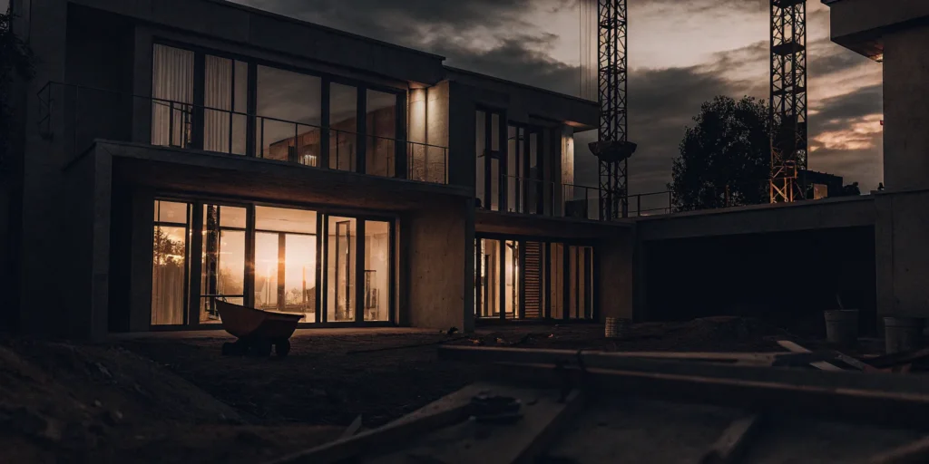Fischer Construction Inc. builds a modern commercial building at dusk.