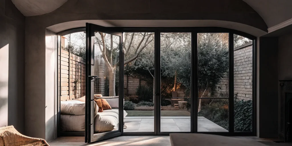 Home extension with glass doors leading to a garden.