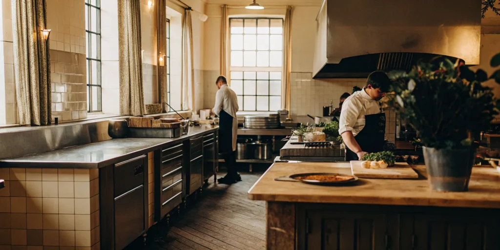 Chefs prepare meals in a bustling inspiration kitchen.