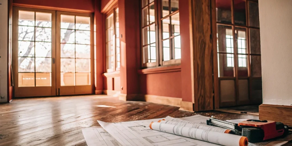Home addition blueprints and tools on a hardwood floor.
