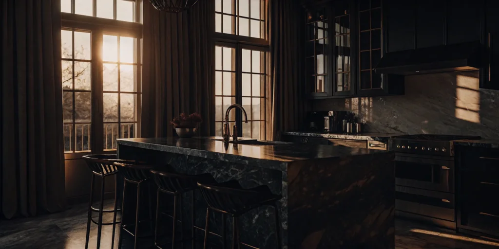 San Jose kitchen remodel with marble island and barstools.