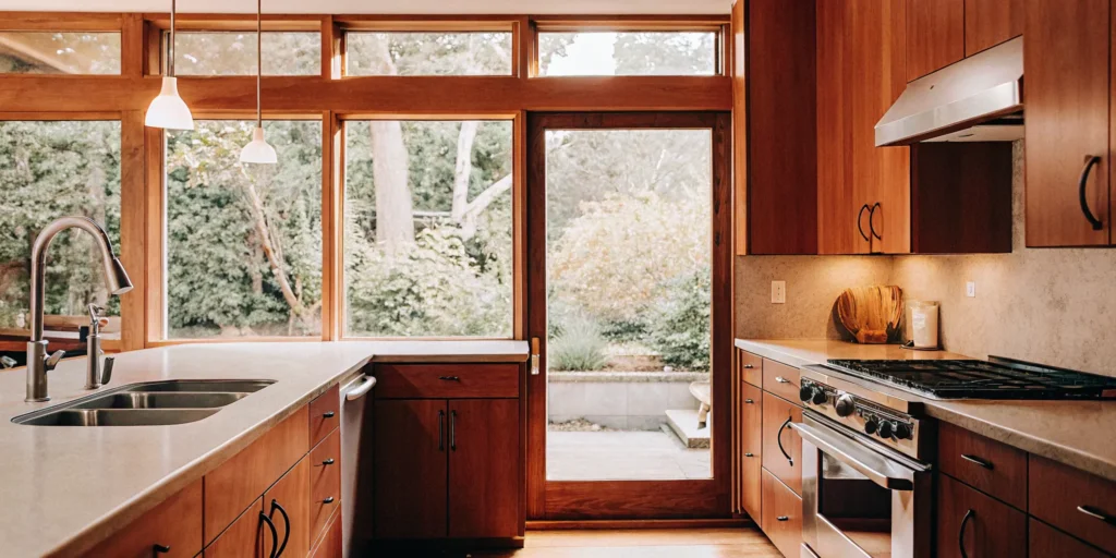 San Mateo home kitchen remodel with wood cabinets and large windows.