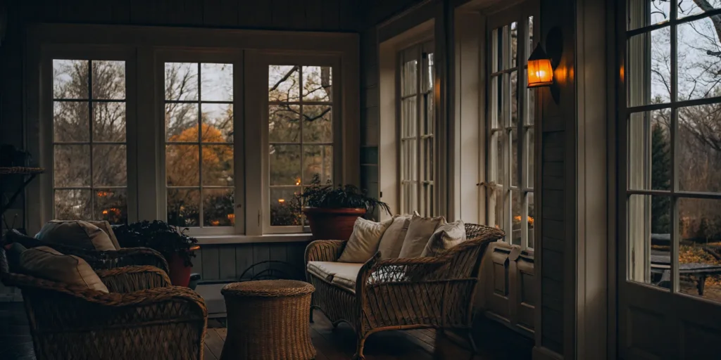 Bright sunroom on second floor with wicker furniture and large windows.