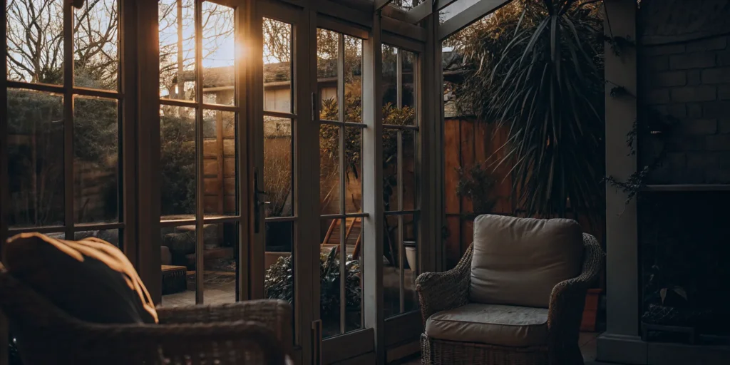 Bright solarium addition with wicker furniture.
