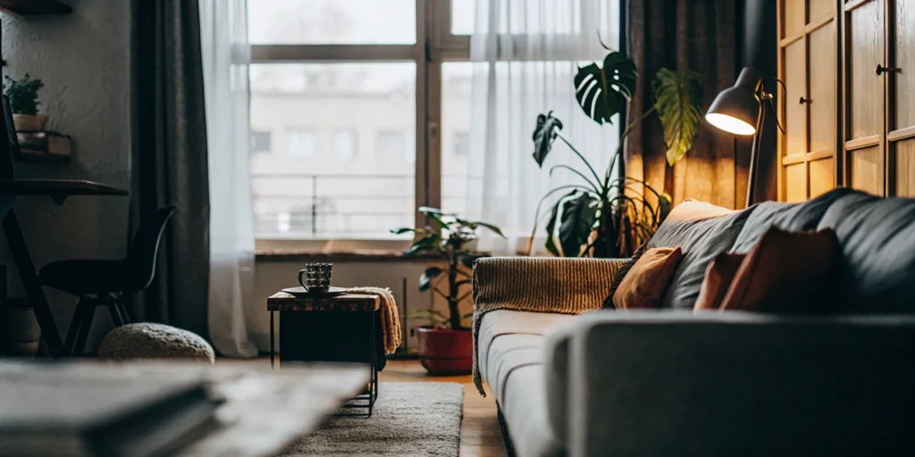 Garage conversion into cozy living room with sofa and plants.