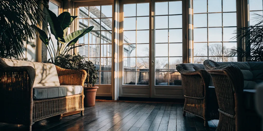 Bright sunroom addition with wicker furniture.
