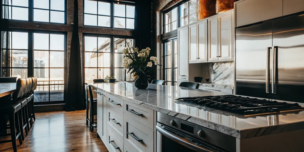 Modern kitchen remodel with sleek island and stainless steel appliances.