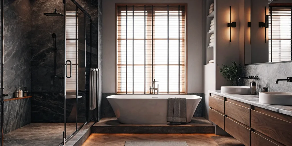 Santa Clara bathroom remodel with modern tub, shower, and vanity.