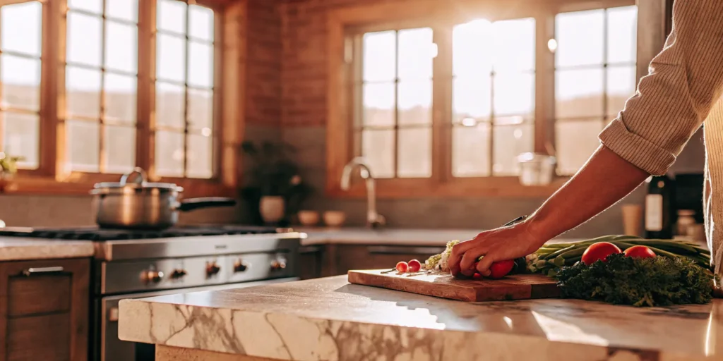 Modern Palo Alto kitchen with marble countertops and stove.